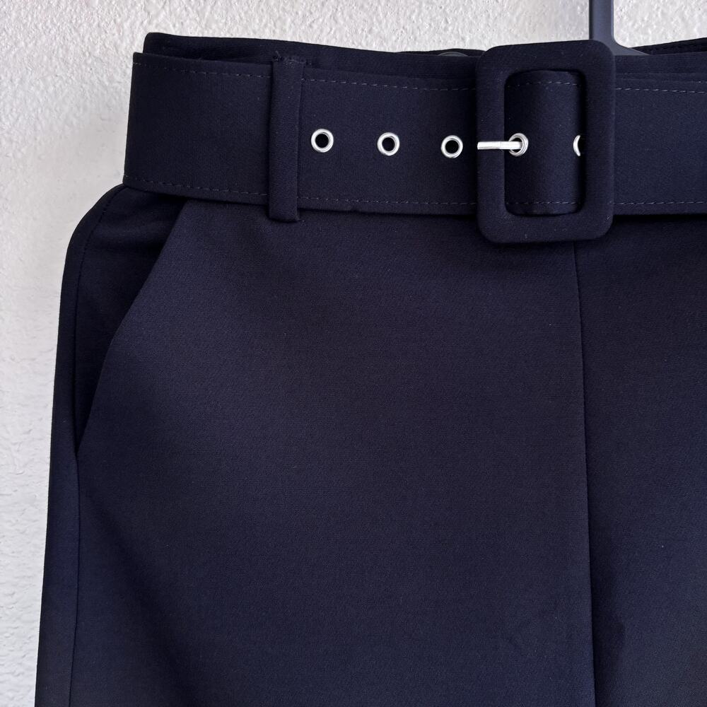 Mango Women’s Black Pencil Midi Skirt Belted Front Slit Formal Office Size 1